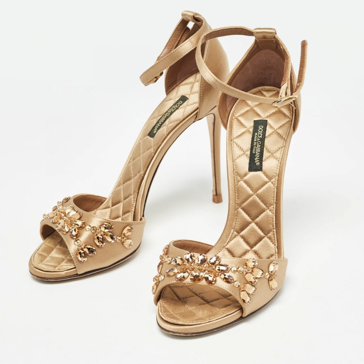 Pre Owned Dolce & Gabbana Gold Satin Crystal Embellished Ankle Strap Sandals Size 37
