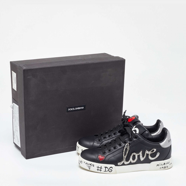 Pre Owned Dolce & Gabbana Black Leather Love Patch and Graffiti Low Top Sneakers Size 37
