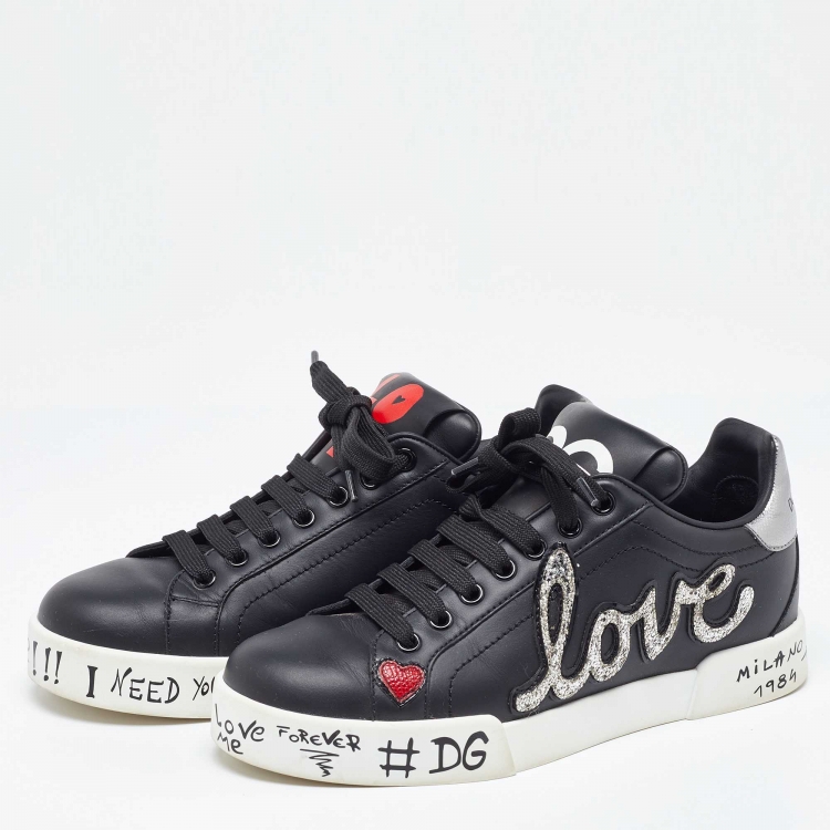 Pre Owned Dolce & Gabbana Black Leather Love Patch and Graffiti Low Top Sneakers Size 37