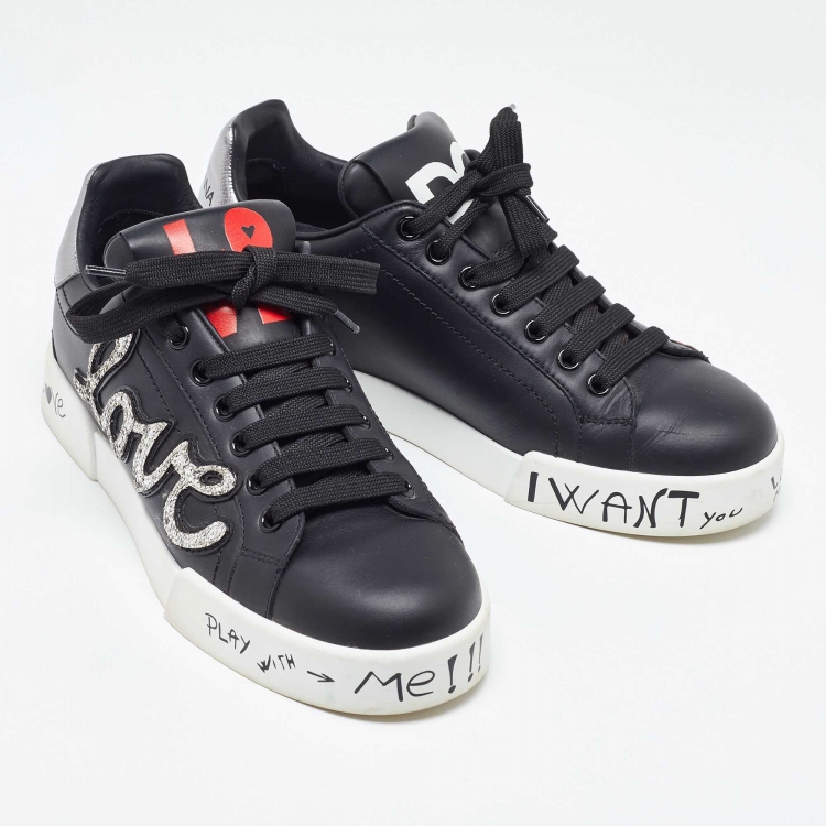 Pre Owned Dolce & Gabbana Black Leather Love Patch and Graffiti Low Top Sneakers Size 37