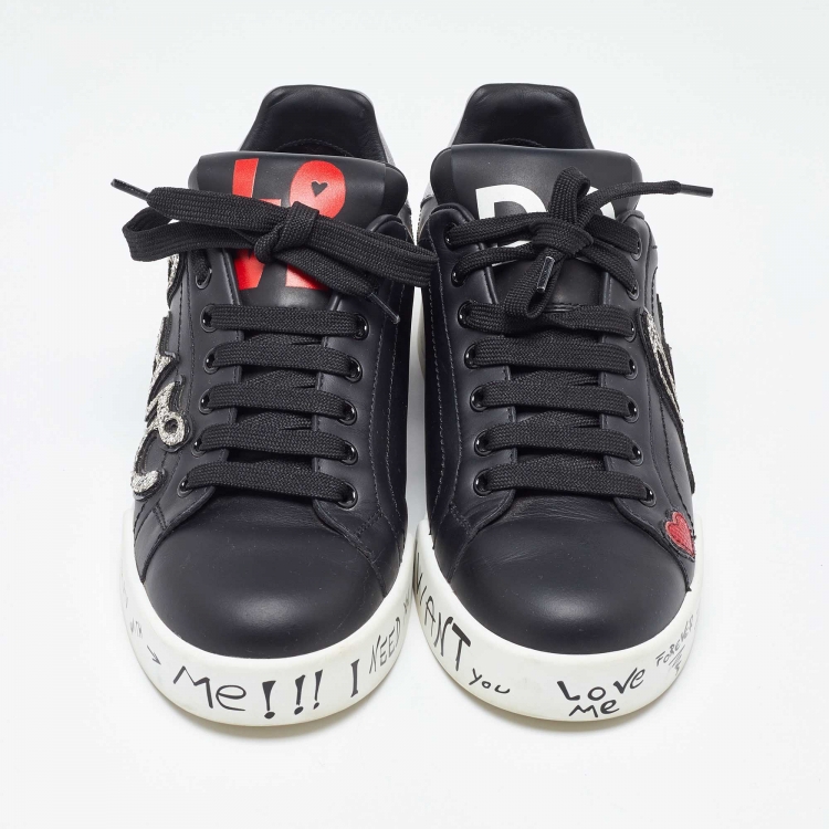 Pre Owned Dolce & Gabbana Black Leather Love Patch and Graffiti Low Top Sneakers Size 37