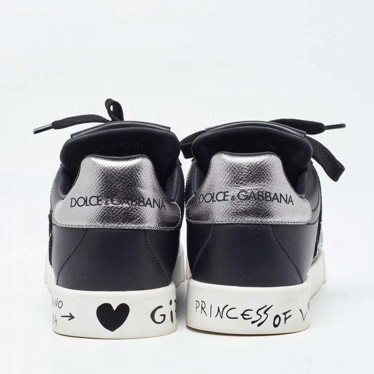 Pre Owned Dolce & Gabbana Black Leather Love Patch and Graffiti Low Top Sneakers Size 37