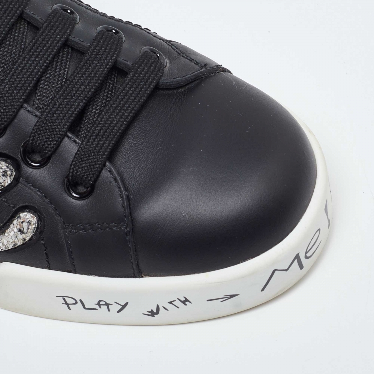 Pre Owned Dolce & Gabbana Black Leather Love Patch and Graffiti Low Top Sneakers Size 37