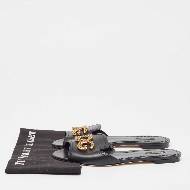 Pre Owned Dolce & Gabbana Black Leather Embellished DG Amore Flat Slides Size 41.5
