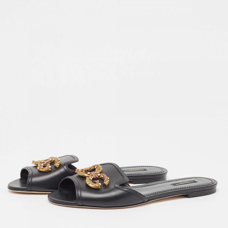 Pre Owned Dolce & Gabbana Black Leather Embellished DG Amore Flat Slides Size 41.5