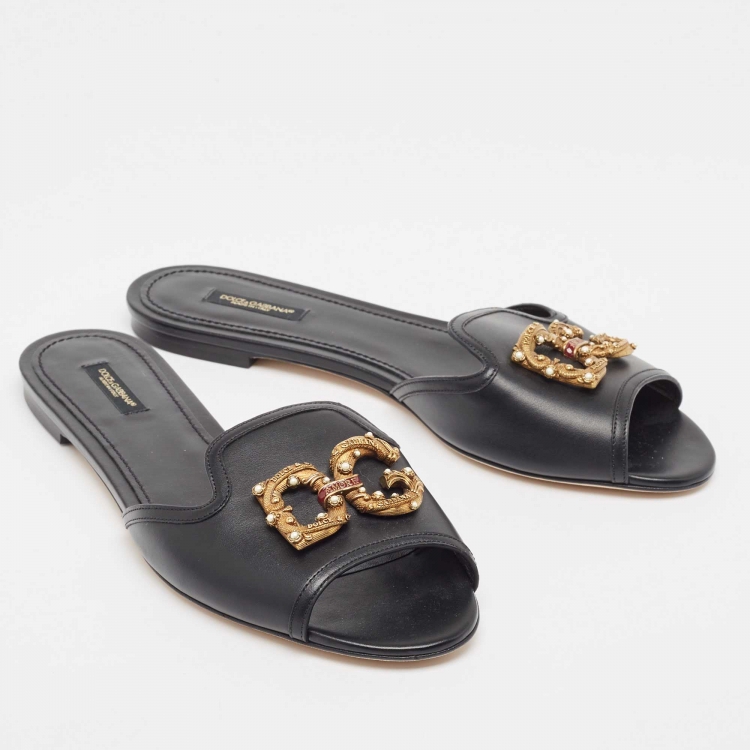 Pre Owned Dolce & Gabbana Black Leather Embellished DG Amore Flat Slides Size 41.5