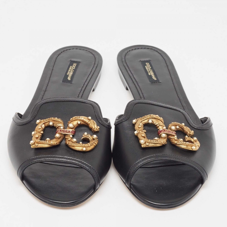Pre Owned Dolce & Gabbana Black Leather Embellished DG Amore Flat Slides Size 41.5
