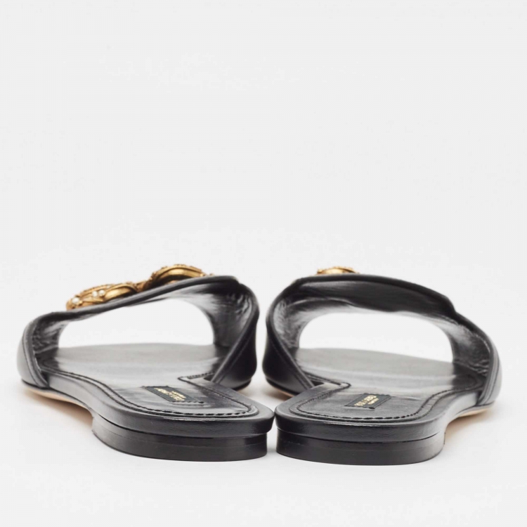 Pre Owned Dolce & Gabbana Black Leather Embellished DG Amore Flat Slides Size 41.5