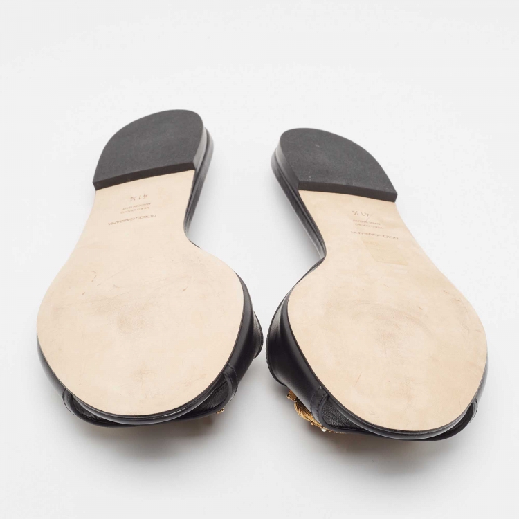 Pre Owned Dolce & Gabbana Black Leather Embellished DG Amore Flat Slides Size 41.5