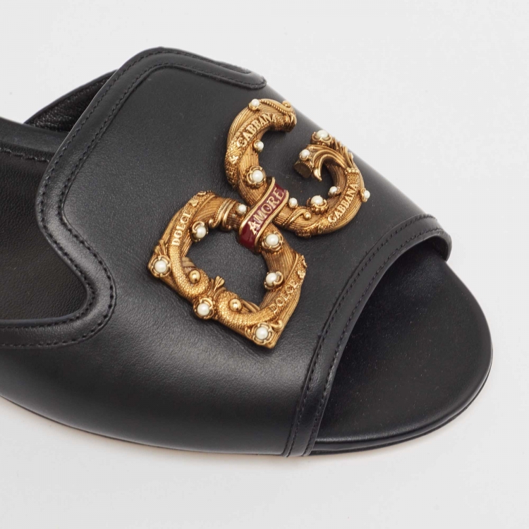 Pre Owned Dolce & Gabbana Black Leather Embellished DG Amore Flat Slides Size 41.5