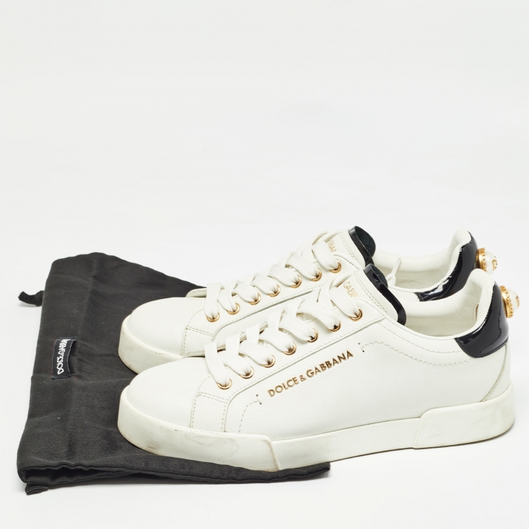 مملوكة مسبقًا Dolce & Gabbana White Leather Portofino Pearl Embellished Low Top Sneakers Size 38