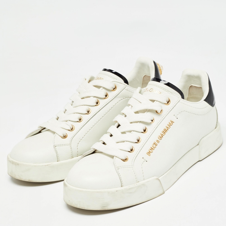 مملوكة مسبقًا Dolce & Gabbana White Leather Portofino Pearl Embellished Low Top Sneakers Size 38