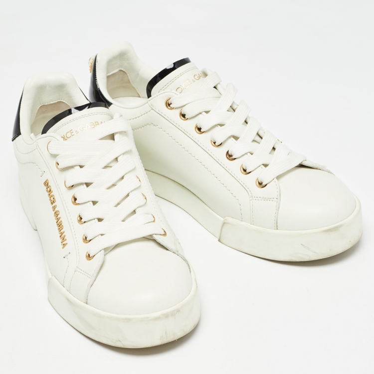 مملوكة مسبقًا Dolce & Gabbana White Leather Portofino Pearl Embellished Low Top Sneakers Size 38