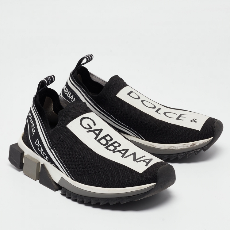 Pre Owned Dolce & Gabbana Black/White Knit Fabric Sorrento Slip On Sneakers Size 38