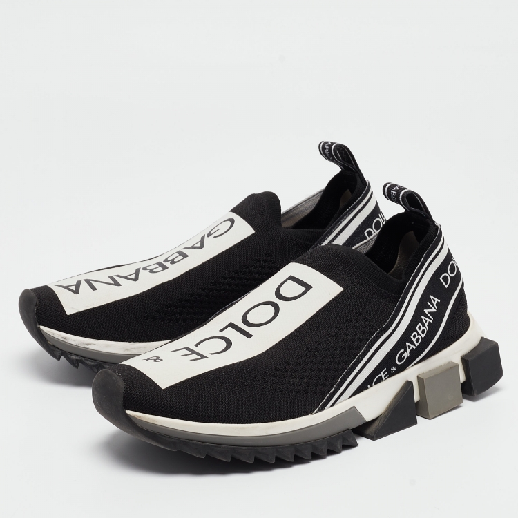 Pre Owned Dolce & Gabbana Black/White Knit Fabric Sorrento Slip On Sneakers Size 38