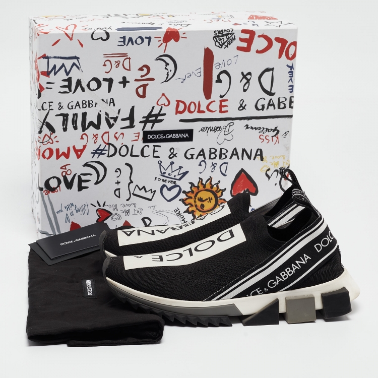 Pre Owned Dolce & Gabbana Black/White Knit Fabric Sorrento Slip On Sneakers Size 38