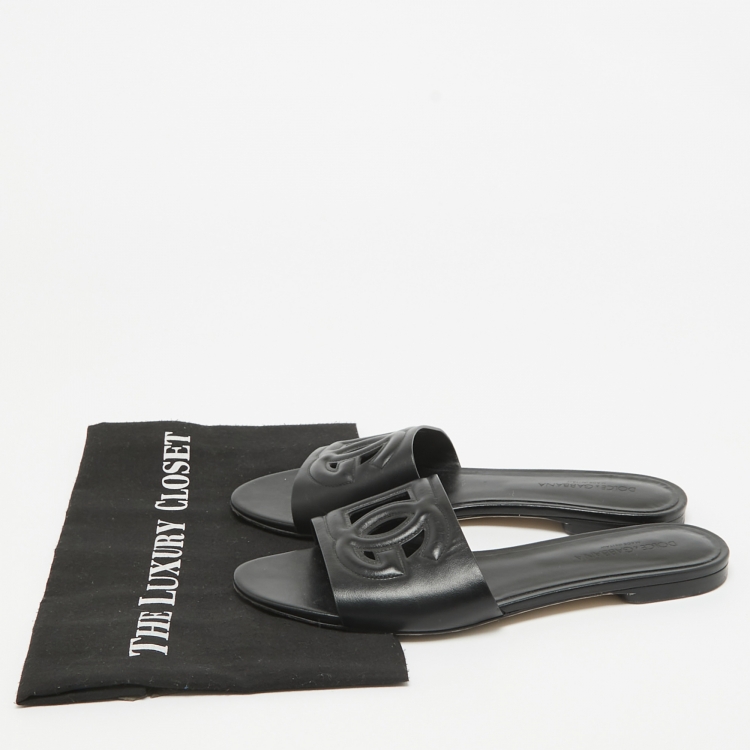 Pre Owned Dolce & Gabbana Black Leather DG Laser Cut Flat Slides Size 39