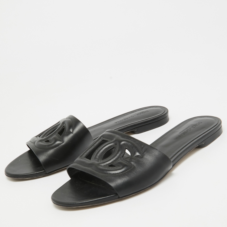 Pre Owned Dolce & Gabbana Black Leather DG Laser Cut Flat Slides Size 39