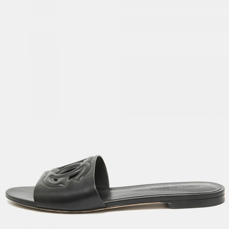 Pre Owned Dolce & Gabbana Black Leather DG Laser Cut Flat Slides Size 39