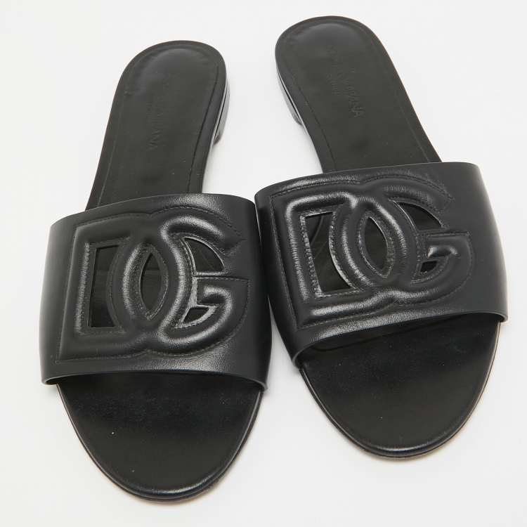 Pre Owned Dolce & Gabbana Black Leather DG Laser Cut Flat Slides Size 39