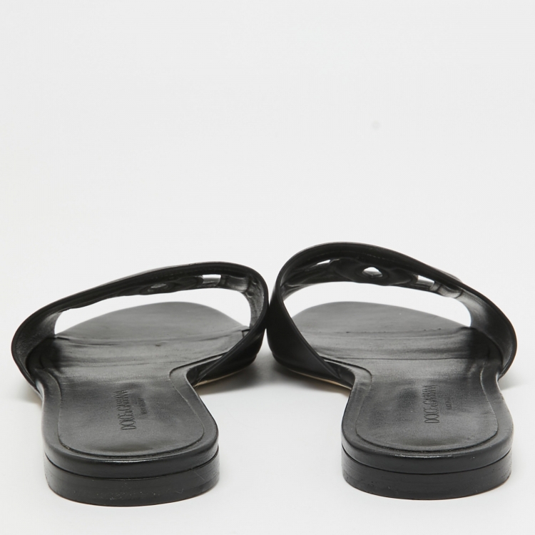 Pre Owned Dolce & Gabbana Black Leather DG Laser Cut Flat Slides Size 39