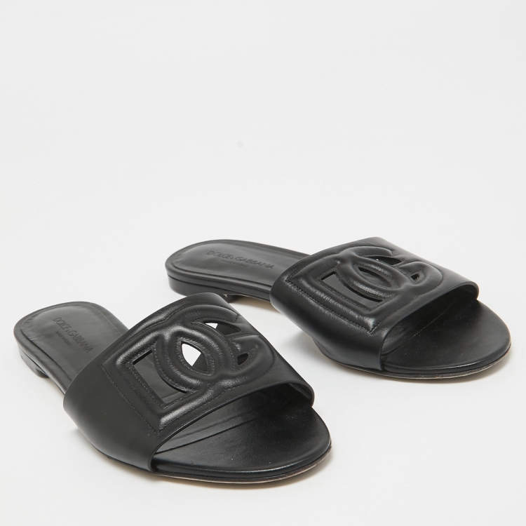 Pre Owned Dolce & Gabbana Black Leather DG Laser Cut Flat Slides Size 39