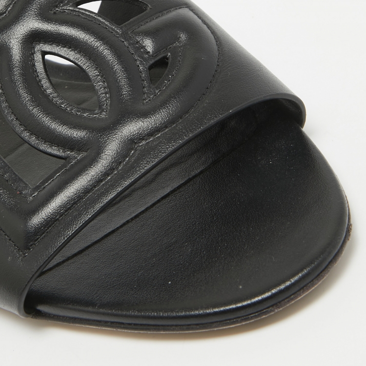 Pre Owned Dolce & Gabbana Black Leather DG Laser Cut Flat Slides Size 39