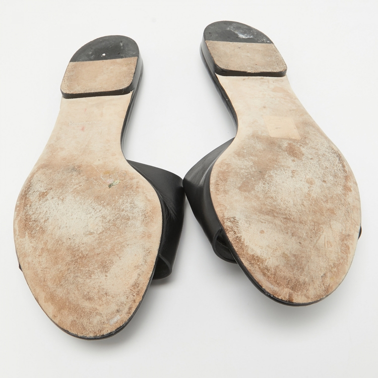 Pre Owned Dolce & Gabbana Black Leather DG Laser Cut Flat Slides Size 39