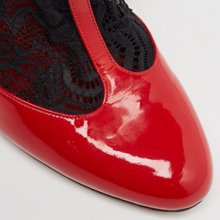 Pre Owned Dolce & Gabbana Red/Black Patent Leather and Lace Socks Ankle Strap Pumps Size 41