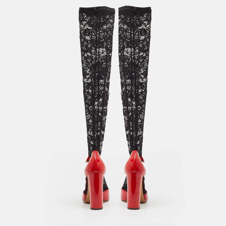 Pre Owned Dolce & Gabbana Red/Black Patent Leather and Lace Socks Ankle Strap Pumps Size 41