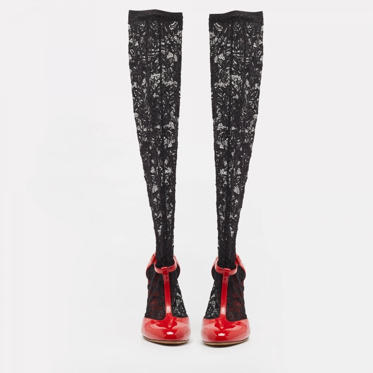 Pre Owned Dolce & Gabbana Red/Black Patent Leather and Lace Socks Ankle Strap Pumps Size 41