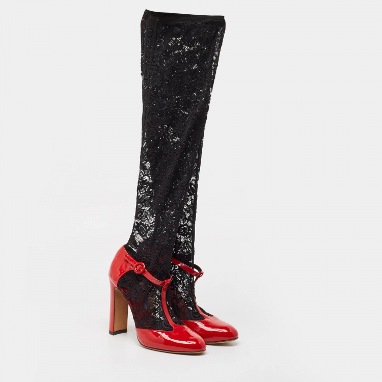 Pre Owned Dolce & Gabbana Red/Black Patent Leather and Lace Socks Ankle Strap Pumps Size 41