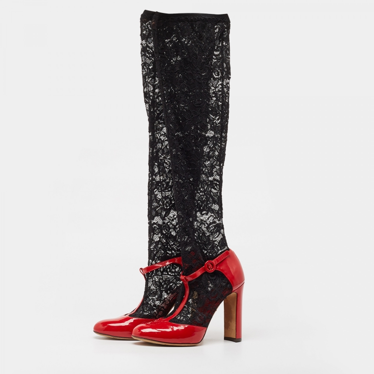 Pre Owned Dolce & Gabbana Red/Black Patent Leather and Lace Socks Ankle Strap Pumps Size 41