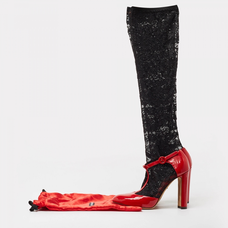 Pre Owned Dolce & Gabbana Red/Black Patent Leather and Lace Socks Ankle Strap Pumps Size 41