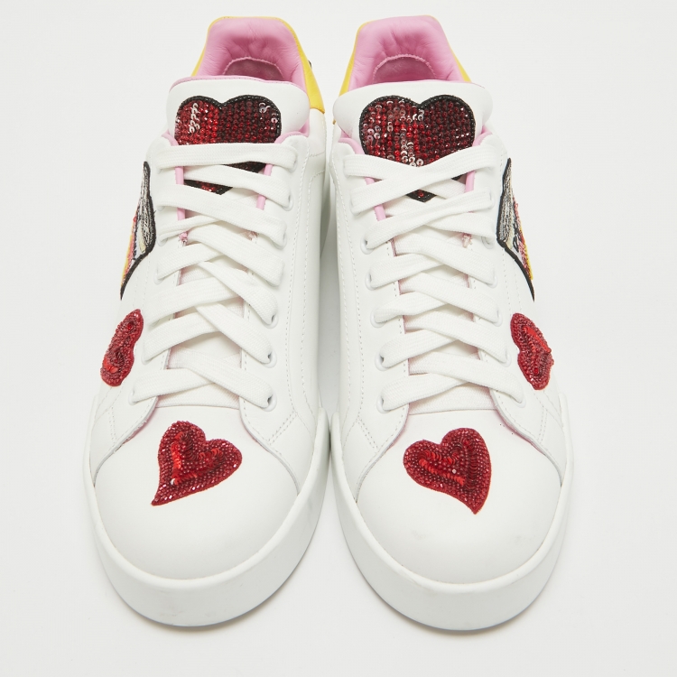 Pre Owned Dolce & Gabbana White/Yellow Leather Amore Heart Embroidered Low Top Sneakers Size 41
