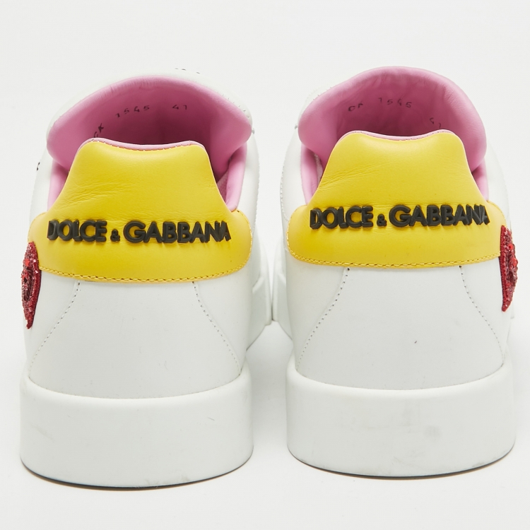 Pre Owned Dolce & Gabbana White/Yellow Leather Amore Heart Embroidered Low Top Sneakers Size 41