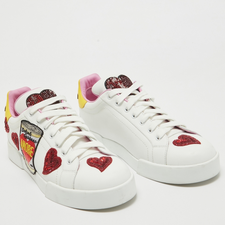 Pre Owned Dolce & Gabbana White/Yellow Leather Amore Heart Embroidered Low Top Sneakers Size 41