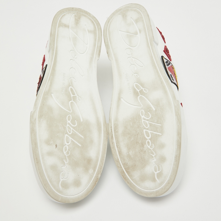 Pre Owned Dolce & Gabbana White/Yellow Leather Amore Heart Embroidered Low Top Sneakers Size 41