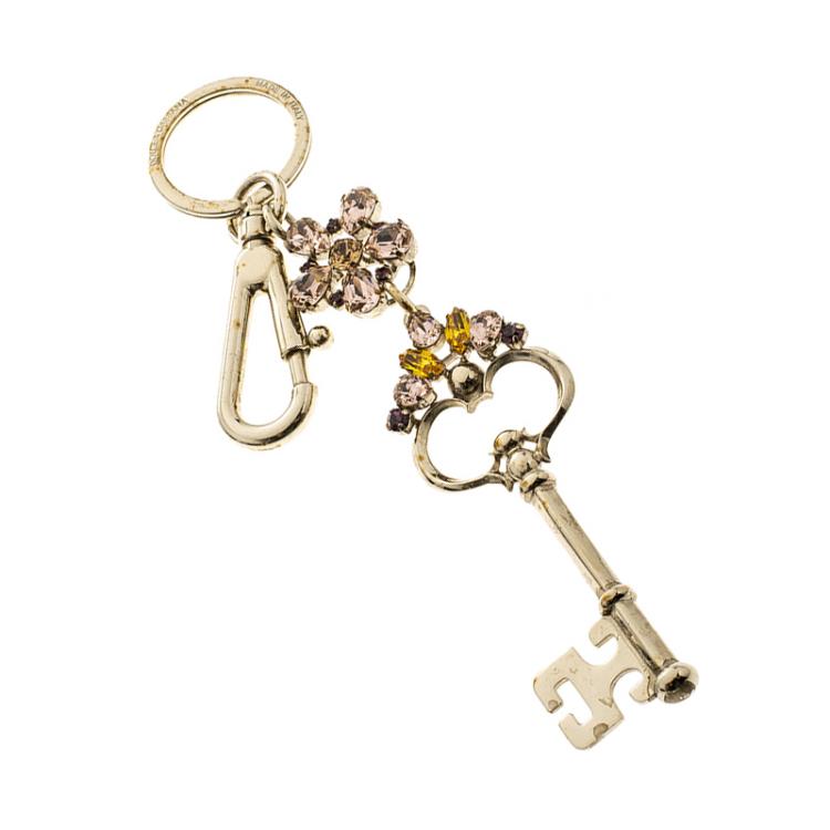 Pre Owned Dolce and Gabbana Crystal Studded Gold Tone Keyring