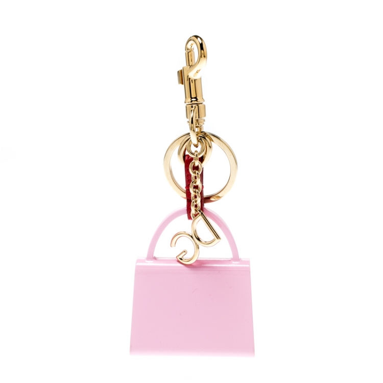 Pre Owned Dolce and Gabbana Pink Hand Painted Bag Charm Gold Tone Key Ring / Bag Charm