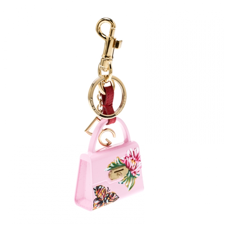 Pre Owned Dolce and Gabbana Pink Hand Painted Bag Charm Gold Tone Key Ring / Bag Charm