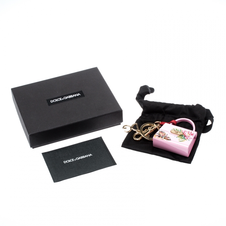 Pre Owned Dolce and Gabbana Pink Hand Painted Bag Charm Gold Tone Key Ring / Bag Charm