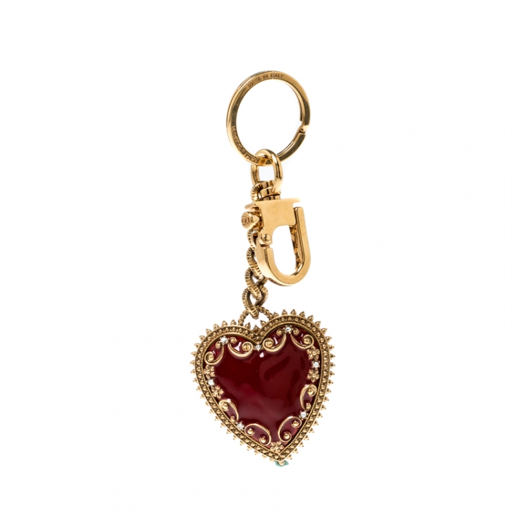 Pre Owned Dolce and Gabbana Red Heart Charm Textured Gold Tone Key Chain