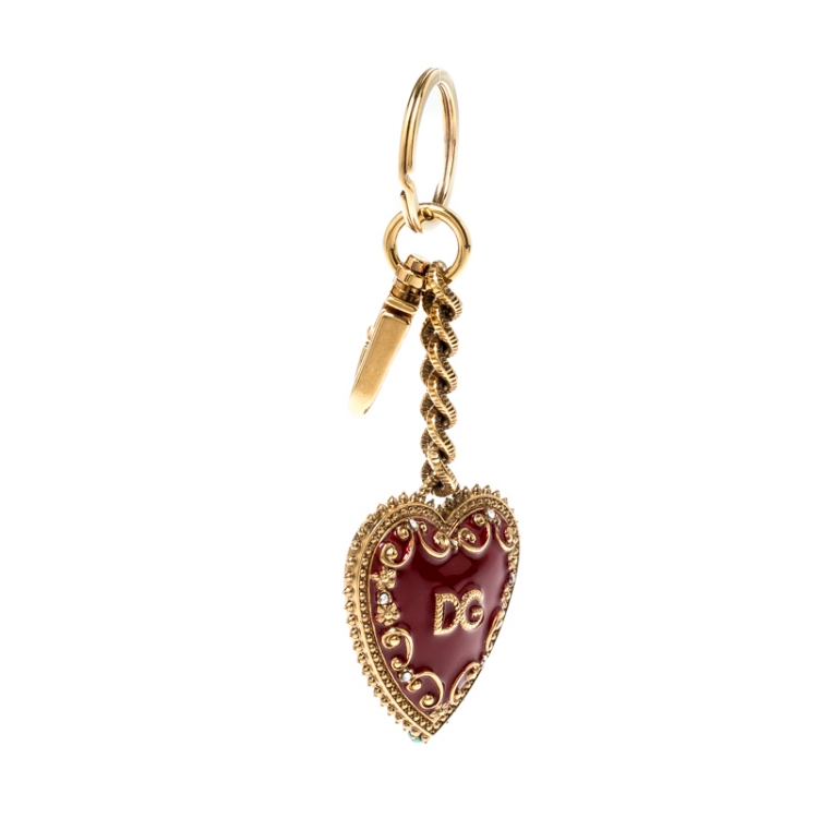 Pre Owned Dolce and Gabbana Red Heart Charm Textured Gold Tone Key Chain