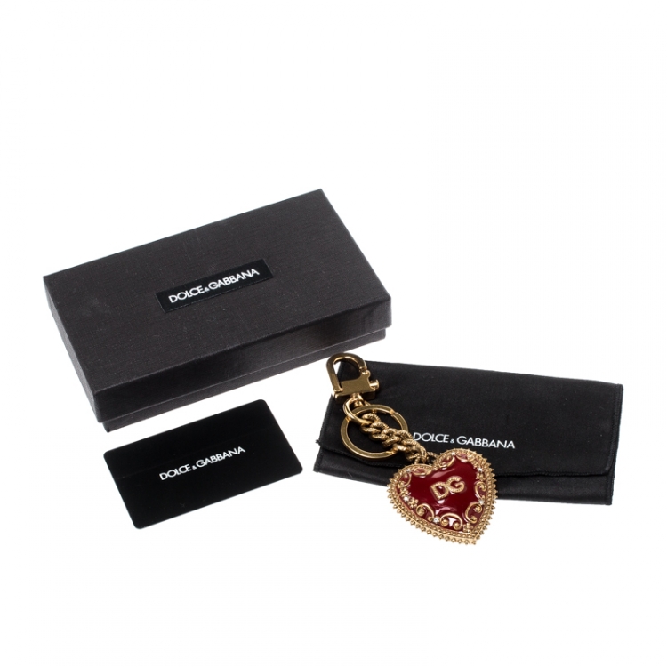 Pre Owned Dolce and Gabbana Red Heart Charm Textured Gold Tone Key Chain