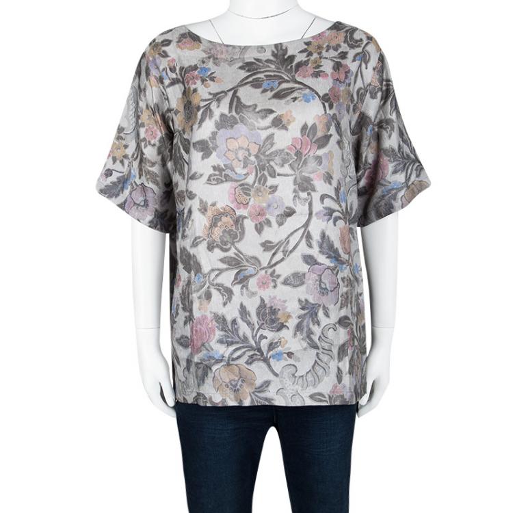 Pre Owned Dries Van Noten Grey Floral Printed Silk Short Sleeve Top L