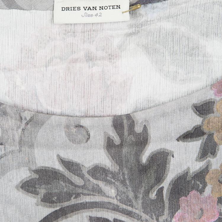 Pre Owned Dries Van Noten Grey Floral Printed Silk Short Sleeve Top L