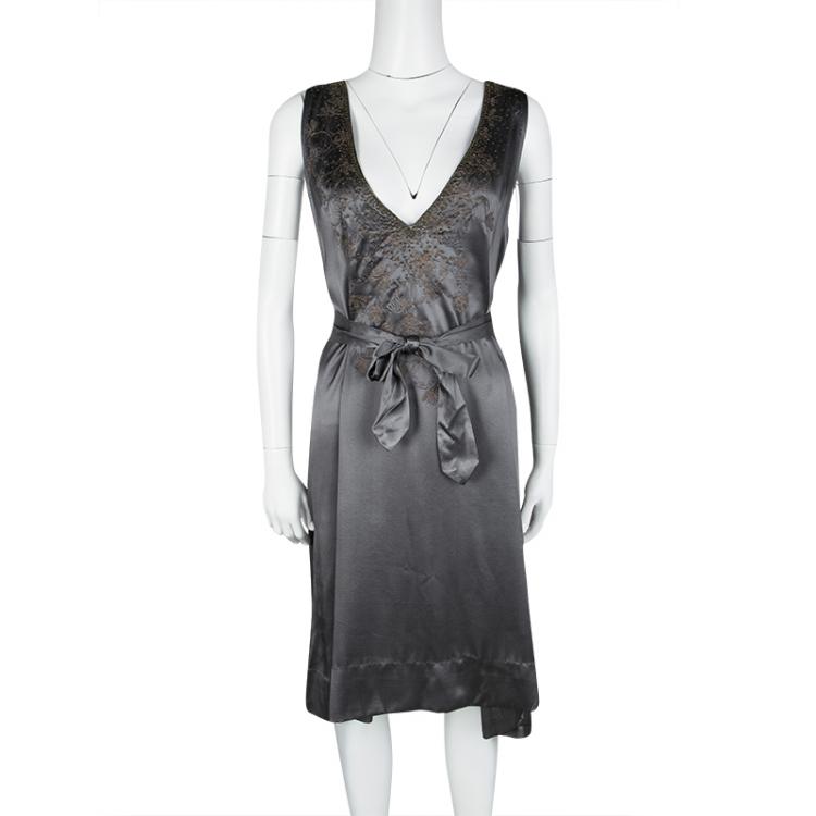 Pre Owned Dries Van Noten Grey Silk Embellished Embroidered Sleeveless Belted Dress S
