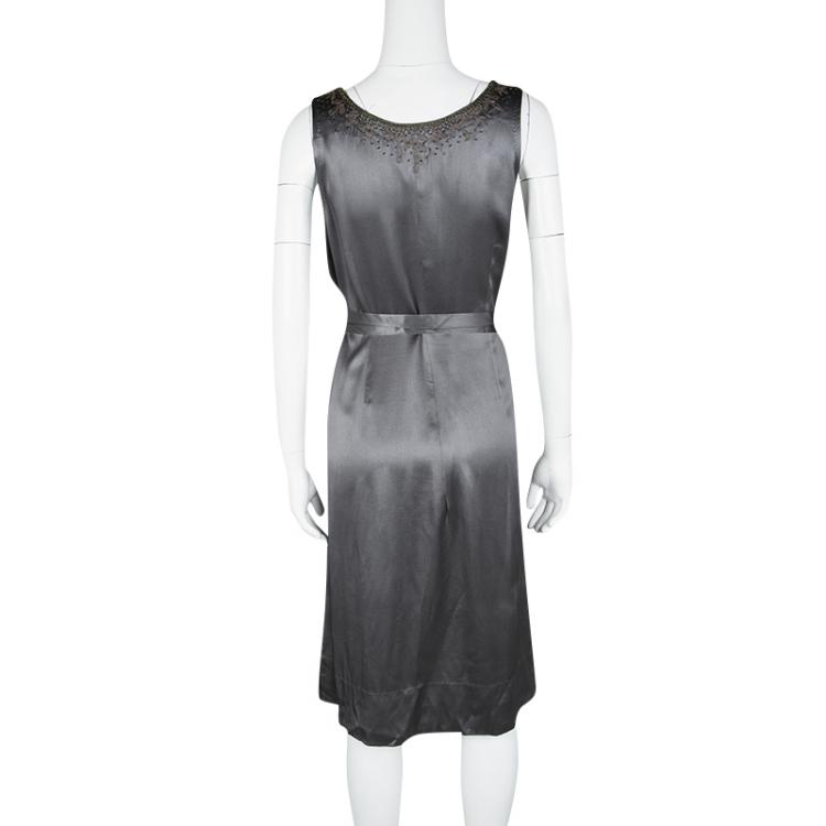 Pre Owned Dries Van Noten Grey Silk Embellished Embroidered Sleeveless Belted Dress S
