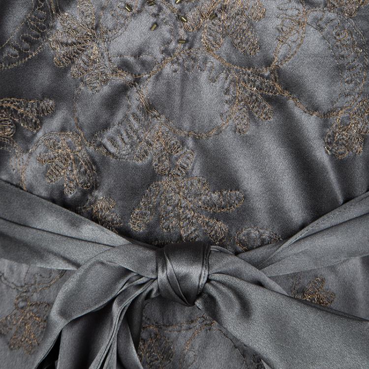 Pre Owned Dries Van Noten Grey Silk Embellished Embroidered Sleeveless Belted Dress S